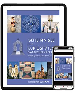 Abbildung des Buchs "Geheimnisse und Kuriositäten bayerischer Kirchen" auf dem Tablet und Handy.