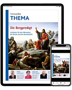 THEMA-Magazin "Bergpredigt" sichtbar auf Tablet und Smartphone.